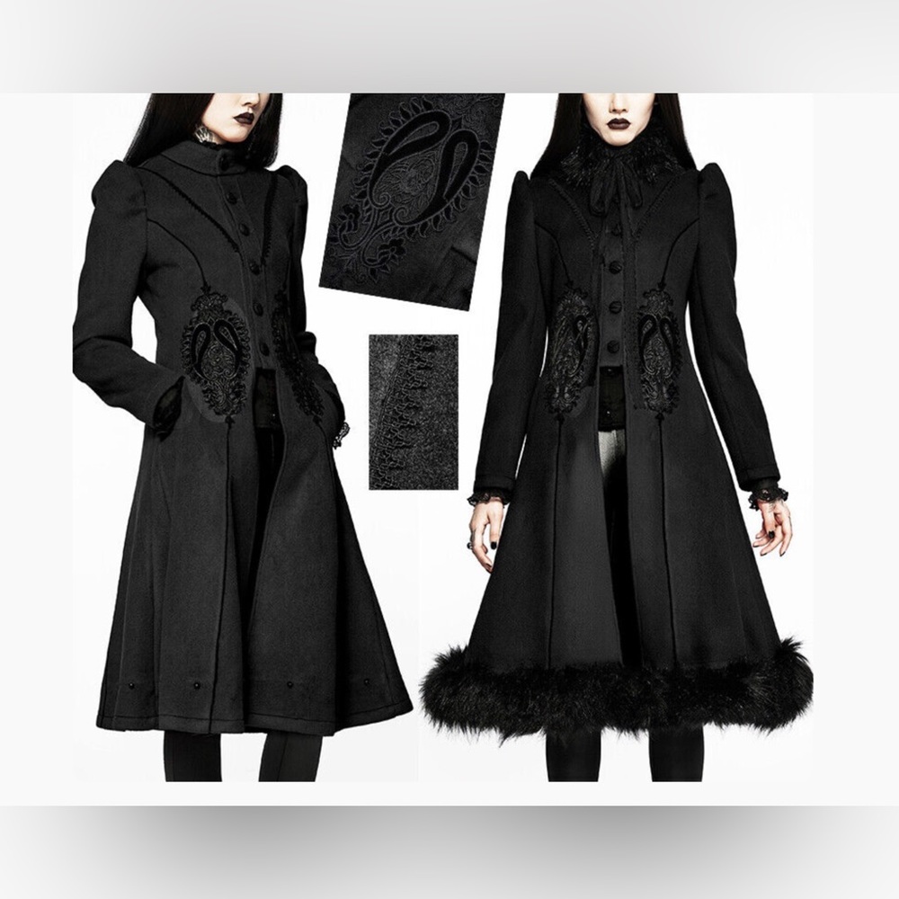 Punk Rave Black Gothic Tie Waist Wool Coat Corset Back Lace Faux Fur